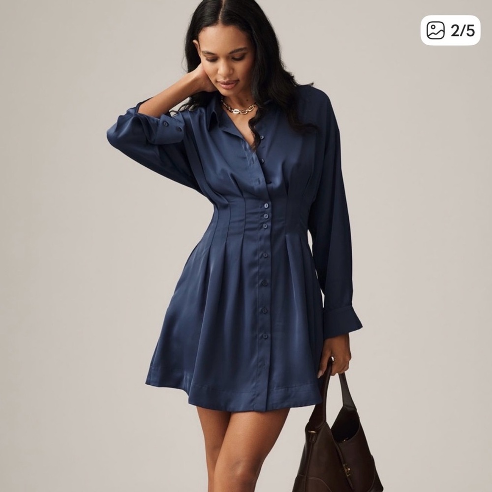Anthropologie Exquise Tobie Satin Mini Shirt Dress Navy NWT Size S
